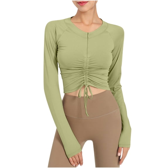 Chbgutlmr Crop Tops for Women Zipper Crewneck Long Sleeve Drawstring Ruched Shirts Slim Comfy Workout Tops