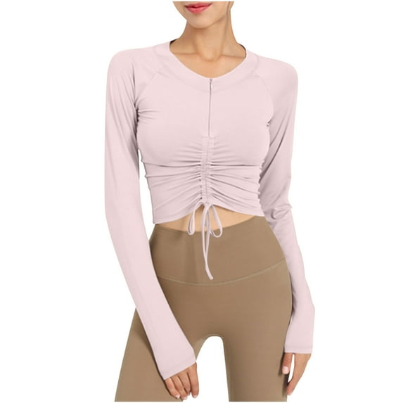 Chbgutlmr Crop Tops for Women Zipper Crewneck Long Sleeve Drawstring Ruched Shirts Slim Comfy Workout Tops