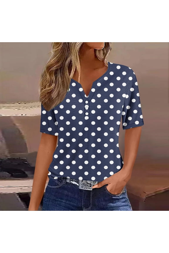 Dotted Tops for Women Short Sleeve Notch Neck Loose Fitted T-Shirts Casual Summer Trendy Tee Tops