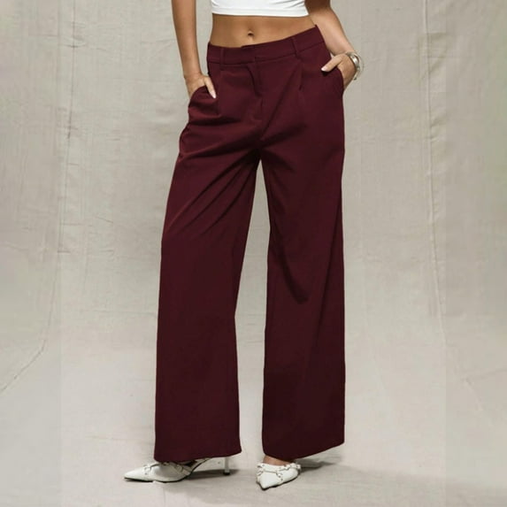 Chbgutlmr Dress Pants Women Wide Leg Button Waist Mid Rise Trousers with Pockets Casual Loose Solid Color Work Office Pants