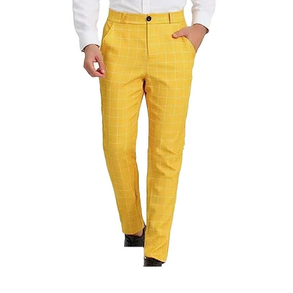 Chbgutlmr Dress Pants for Men Button Waist Full Length Plaid Trousers Fitted Business Casual Pants with Pockets