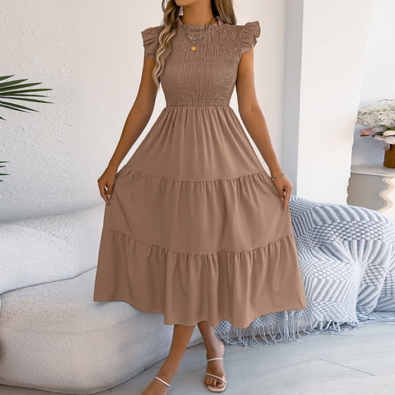 Chbgutlmr Dresses for Women Summer Cap Sleeve Crew Neck Ruffled Hem ...