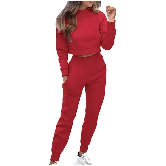 Chbgutlmr Fall Outfits for Women 2 Piece Long Sleeve Crewneck Cropped Sweatshirt Elastic Waist Baggy Joggers Workout Sets
