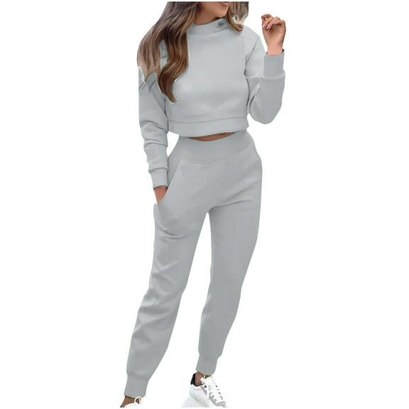 Chbgutlmr Fall Outfits for Women 2 Piece Long Sleeve Crewneck Cropped Sweatshirt Elastic Waist Baggy Joggers Workout Sets