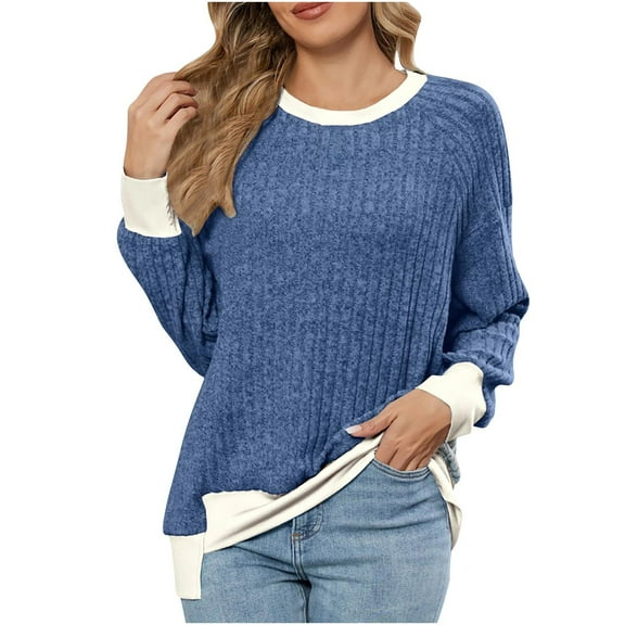 Chbgutlmr Fall Tops for Women Long Sleeve Knit Comfy Ribbed Crewneck Color Block Loose Casual Blouses