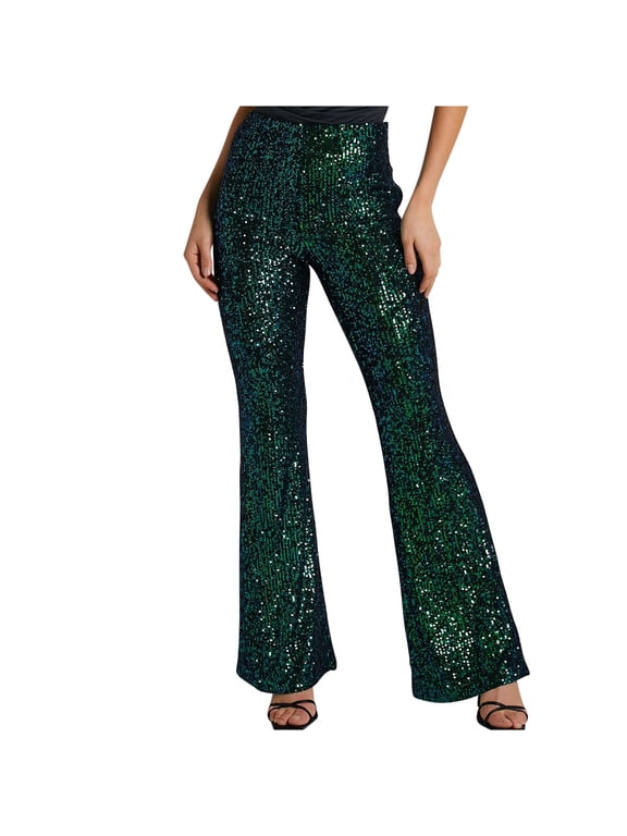 Flare Leggings for Women Sequin High Waist Bling Glitter Party Pants Trendy Boot Cut Trousers