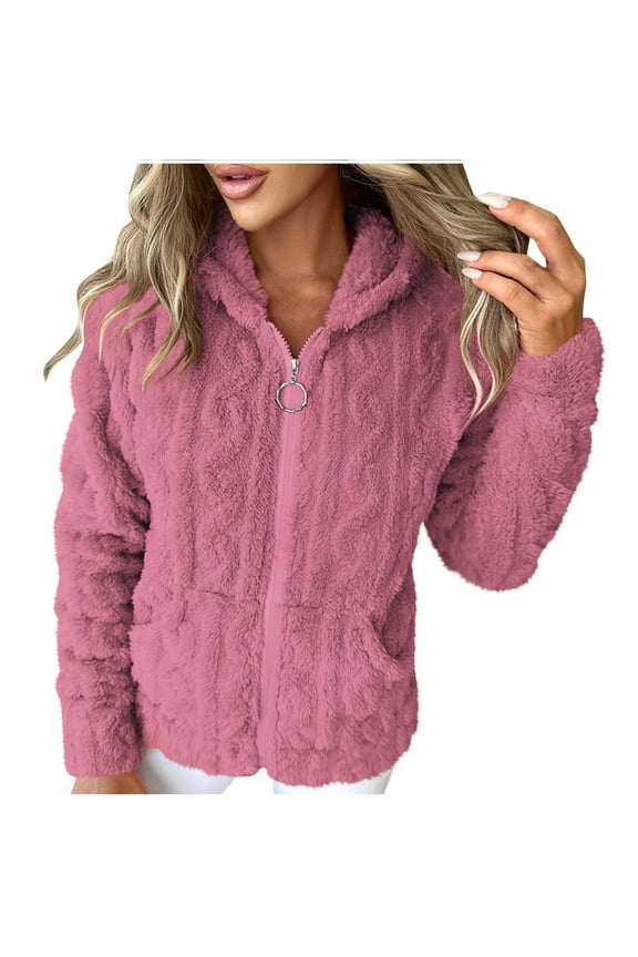 Fleece Jacket Women Full Zipper Long Sleeve Comfy Warm Coats Winter Hooded Casual Fuzzy Outerwear with Pockets