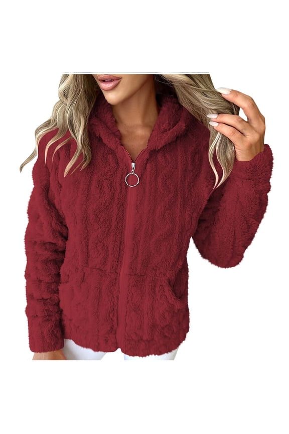 Fleece Jacket Women Full Zipper Long Sleeve Comfy Warm Coats Winter Hooded Casual Fuzzy Outerwear with Pockets