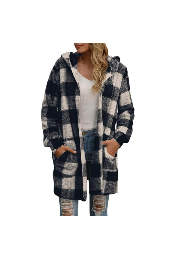 Fleece Jacket Women Open Front Long Sleeve Plaid Casual Outerwear Fall Winter Fuzzy Warm Hooded Coat with Pockets