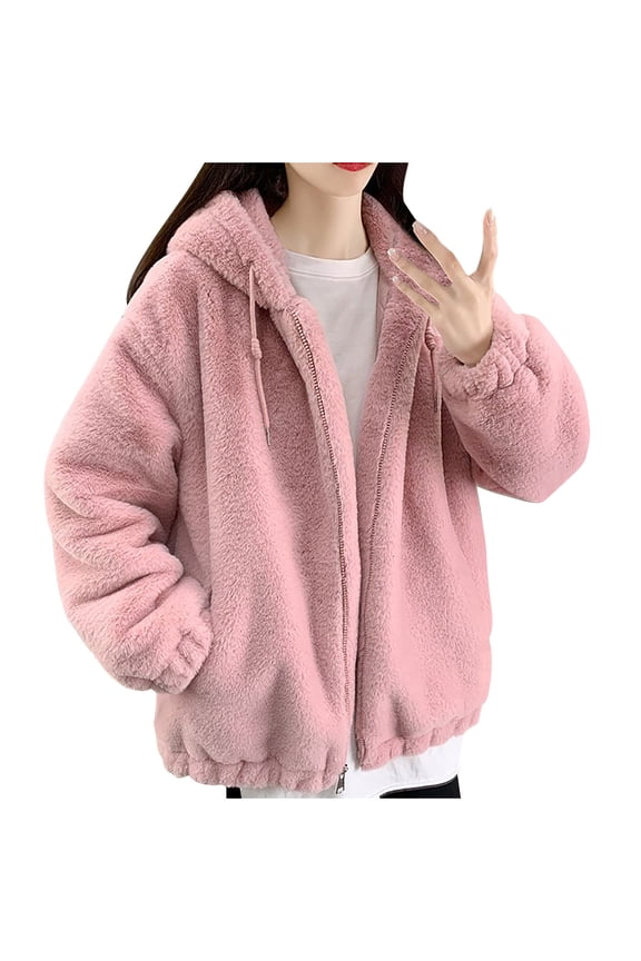 Fleece Jacket Women Winter Thicken Warm Long Sleeve Fuzzy Coats Drawstring Hooded Baggy Comfy Plain Fleece Outerwear