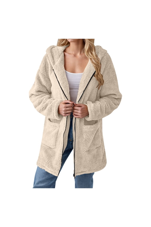 Fleece Jackets Women Winter Long Sleeve Zipper up Warm Fuzzy Hooded Long Outerwear Casual Comfy Coats with Pockets