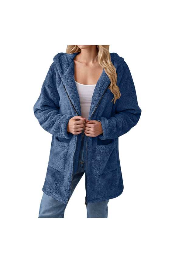 Fleece Jackets Women Winter Long Sleeve Zipper up Warm Fuzzy Hooded Long Outerwear Casual Comfy Coats with Pockets