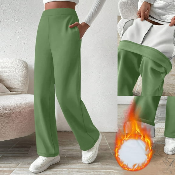Chbgutlmr Fleece Lined Pants for Women High Rise Straight Leg Trousers Casual Loose Warm Winter Solid Color Pants with Pockets