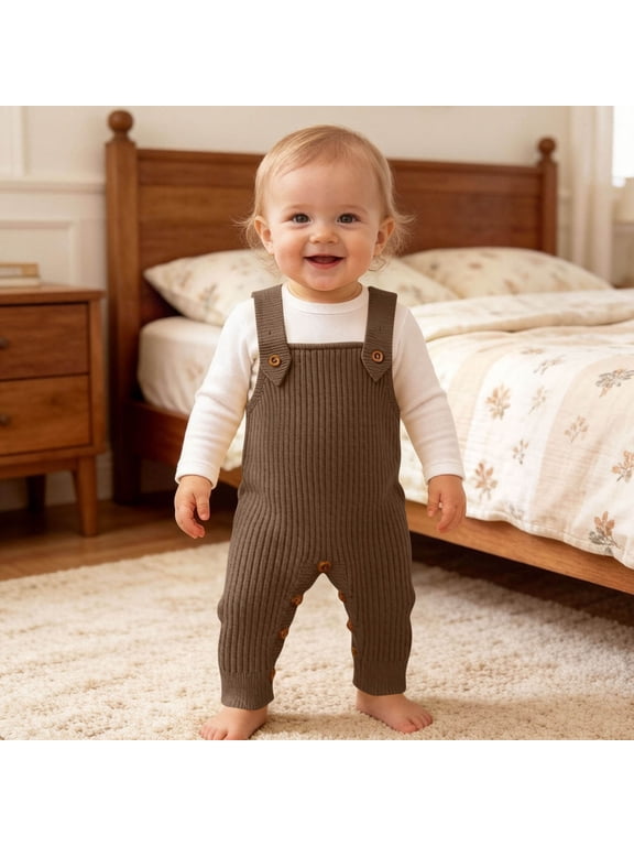 Girls Boys Knitted One Piece Overalls Sleeveless Footless Button Rompers Casual Fall Comfy Unisex Solid Color Jumpsuits(12-18Months,Brown)