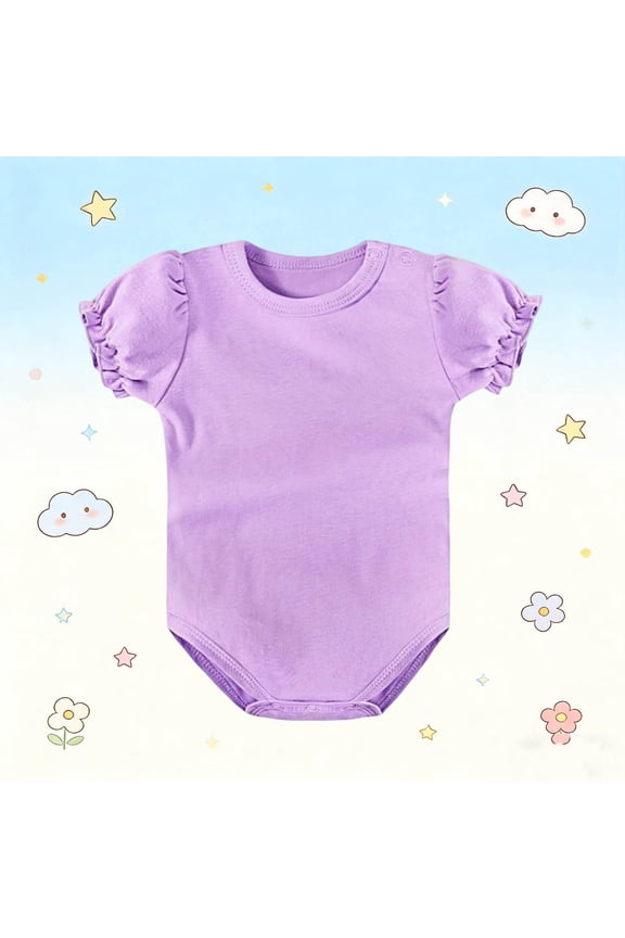 Girls Boys Unisex Rompers Puff Ruffled Short Sleeve Crew Neck Button Jumpsuit Casual Summer Comfy Cotton Lightweight Romper(6-9 Months,Purple)