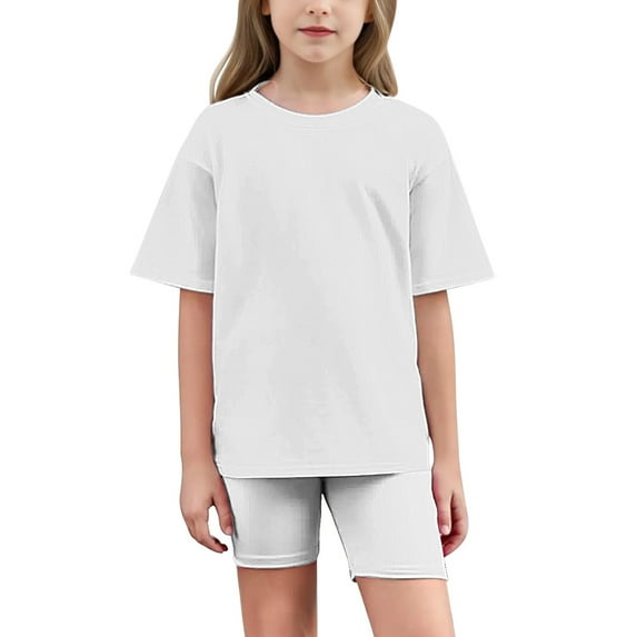 Chbgutlmr Girls Clothes 2 Piece Sets Summer Crewneck Tshirt Solid Color Shorts Kids Casual Outfits Oversized