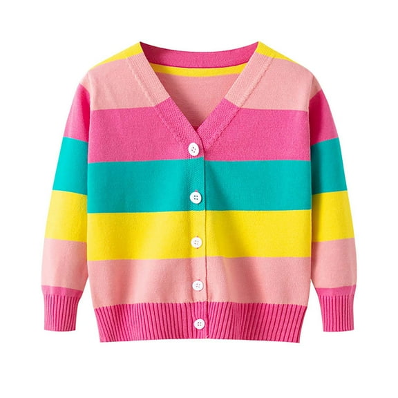 Chbgutlmr Girls Clothes Fall Cotton Sweaters Kids V Neck Button Colorful Stripe Thin Cardigans Fashion