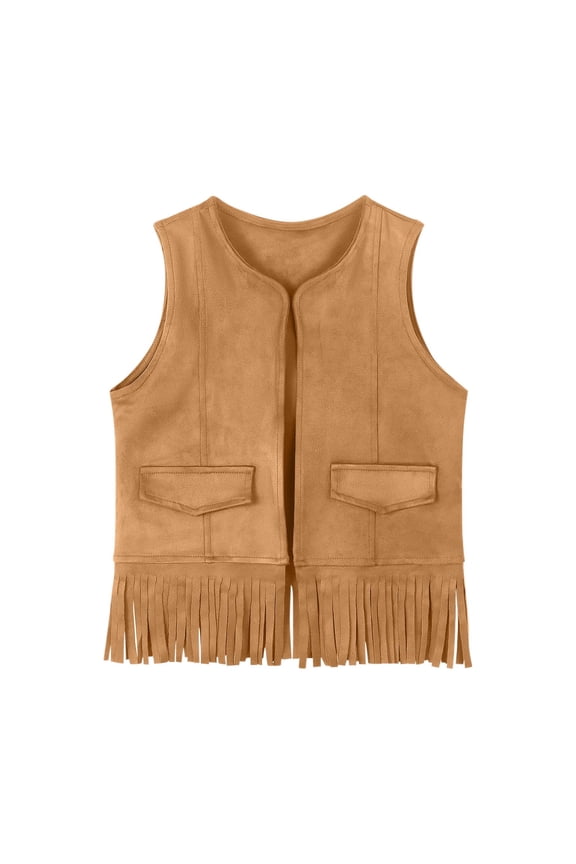 Girls Clothes Kids Vests Open Front Solid Color Fringe Bottom Trendy Outwear Tank Tops 3-12 Years