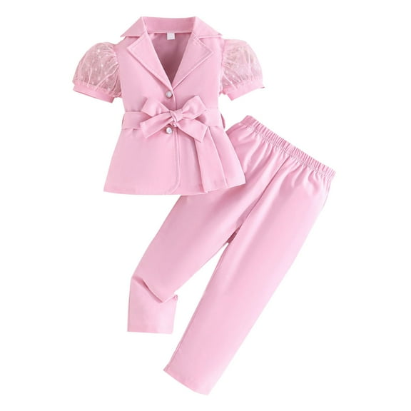 Chbgutlmr Girls Clothes Lace Short Sleeve Belt Pleated Jackets Elastic Waist Pants Suit Sets Fashion