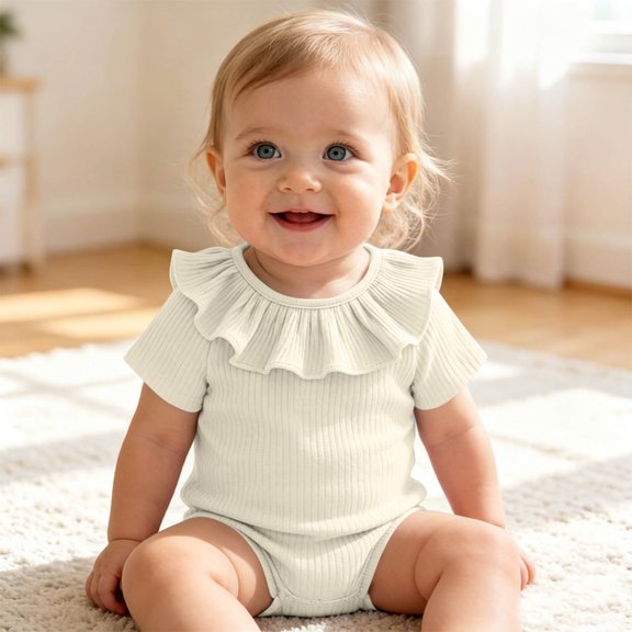 Chbgutlmr Girls One Piece Rompers Short Sleeve Ruffled Crew Neck Button Jumpsuits Casual Summer Cute Plain Romper(6-9Months,Beige)