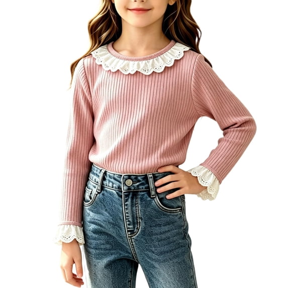 Chbgutlmr Girls Ribbed Tops Long Sleeve Lace Patchwork Crew Neck T-Shirts Casual Loose Fall Dressy Blouse Tops