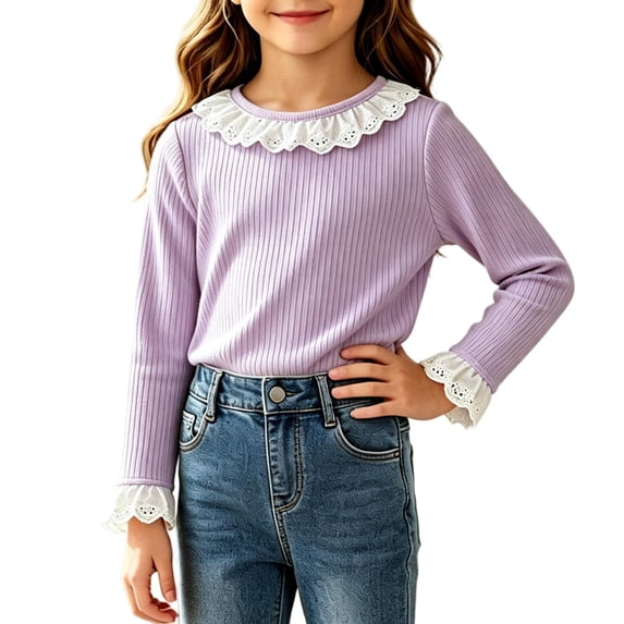 Chbgutlmr Girls Ribbed Tops Long Sleeve Lace Patchwork Crew Neck T-Shirts Casual Loose Fall Dressy Blouse Tops