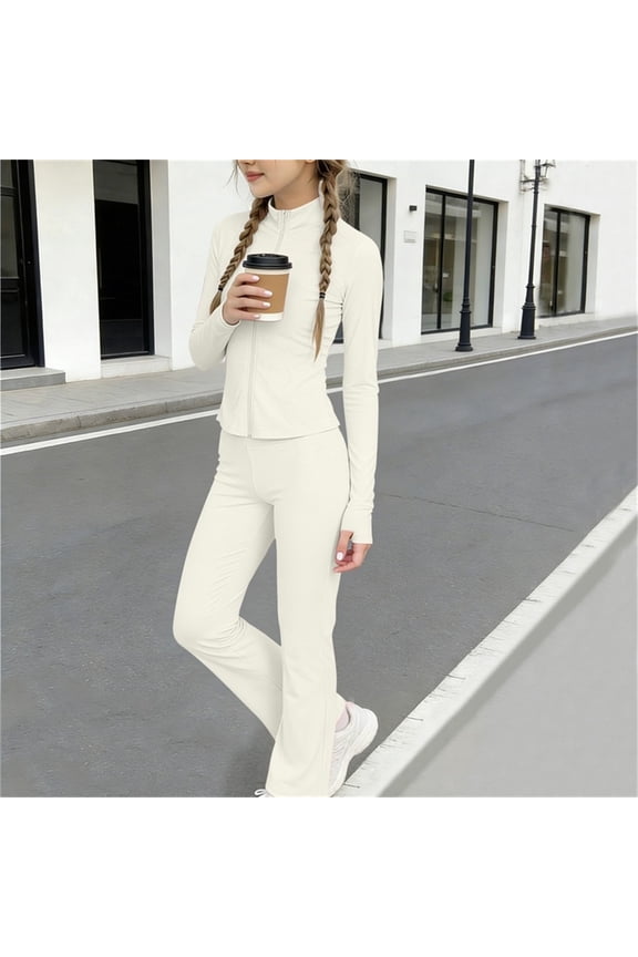 Girls Summer 2 Piece Outfits Long Sleeve Full Zip Jackets High Waist Straight Leg Pants Casual Yoga Workout Set
