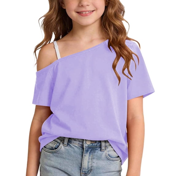 Chbgutlmr Girls Tops One Shoulder Short Sleeve Blouse Tops Casual Loose Summer Solid Color Trendy T-Shirts
