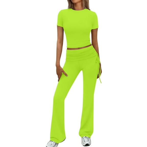 Chbgutlmr Going Out Outfits for Women 2 Piece Crewneck Short Sleeve T Shirts Ruched Flare Pants Slim Sets