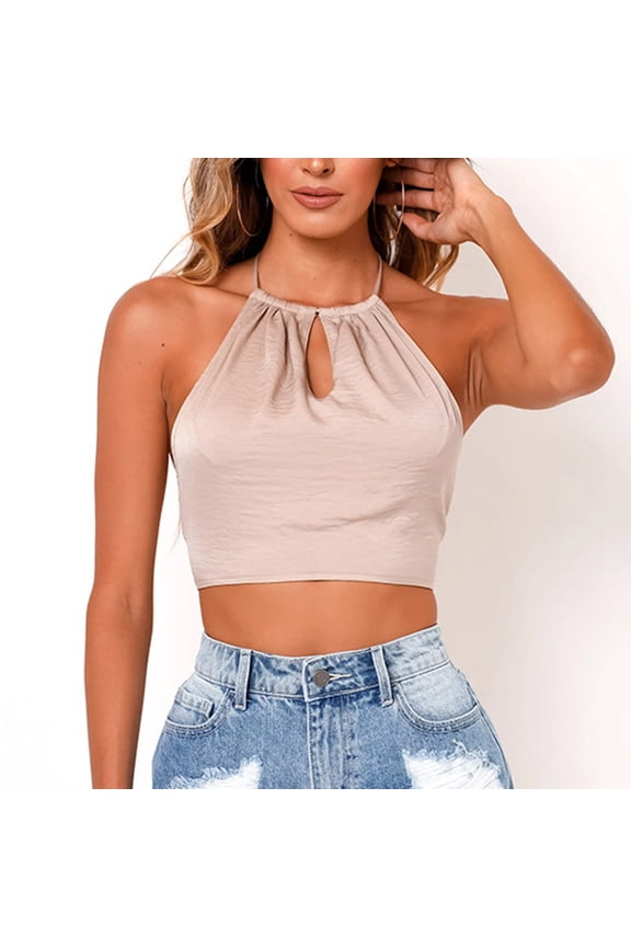 Going out Tank Tops for Women Halter Neck Tie Back Open Back Ruched Crop Tops Casual Cute Summer Dressy Blouse