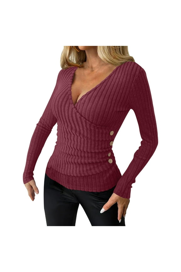 Going out Tops for Women Deep V Neck Knitted Button Wrap Long Sleeve Slim Stretch Trendy Shirts