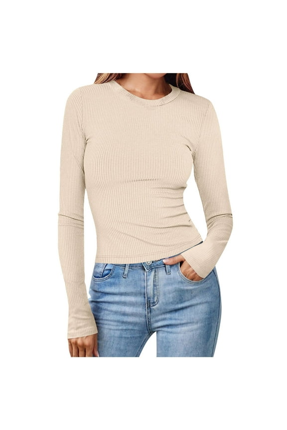 Going out Tops for Women Fall Slim Casual Ribbed Stretchy Crop Tops Long Sleeve Fitting Knitted Shirts