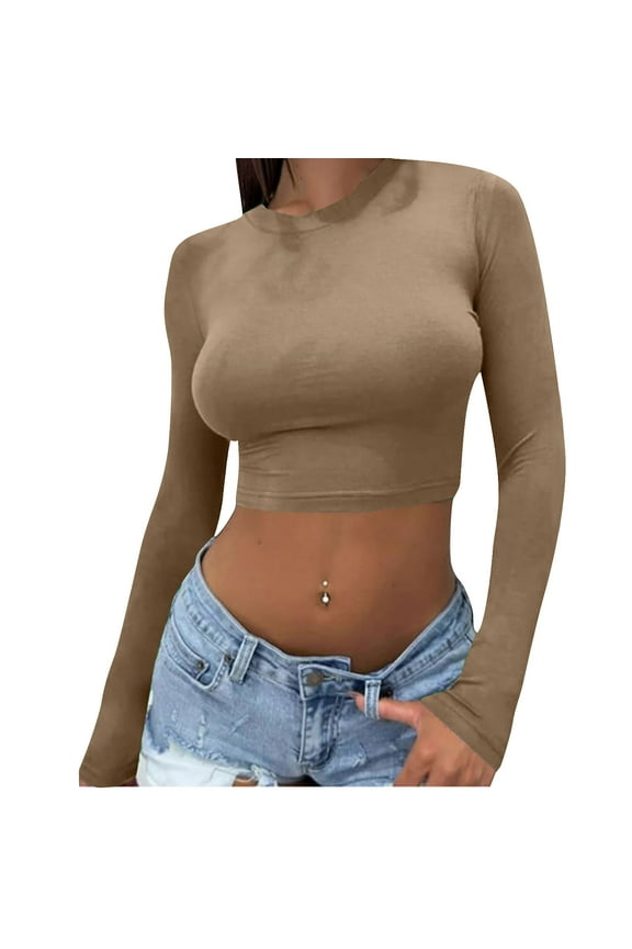 Going out Tops for Women Long Sleeve Tight Stretch Workout Blouses Basic Slim Fitting Crop Tops