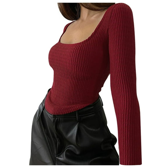 Chbgutlmr Going out Tops for Women Long Sleeve U Neck Slim Tops Curved Hem Ruched Stretch Casual Shirts