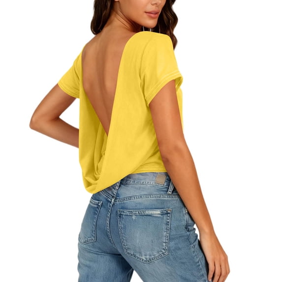 Chbgutlmr Going out Tops for Women Open Back Short Sleeve Scoop Neck Backless Crop Tops Casual Summer Fitted Cute Clubwear Tops