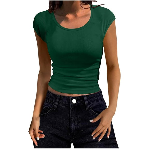 Chbgutlmr Going out Tops for Women Round Neck Short Sleeve Ribbed Slim Basic Tops Summer Casual T Shirts