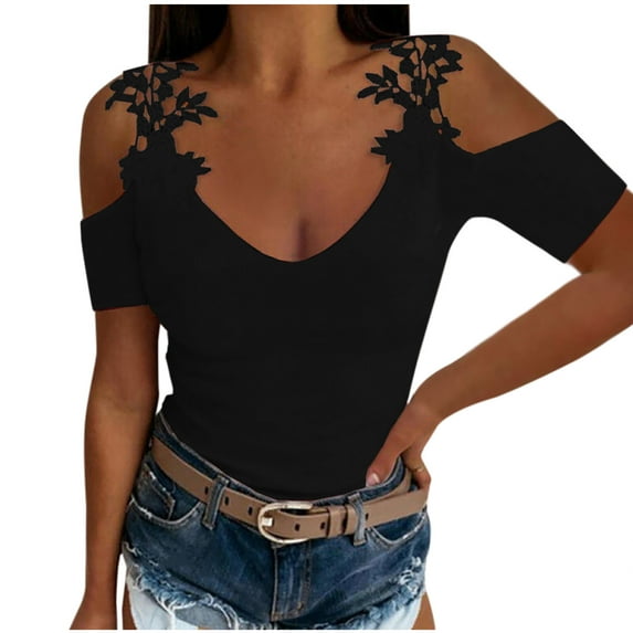 Chbgutlmr Going out Tops for Women Short Sleeve Cold Shoulder Lace Slim Comfy Solid Color Trendy Tops