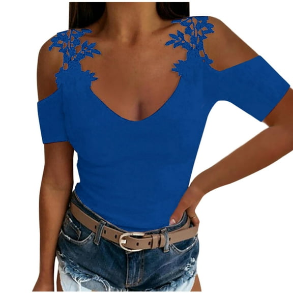 Chbgutlmr Going out Tops for Women Short Sleeve Cold Shoulder Lace Slim Comfy Solid Color Trendy Tops