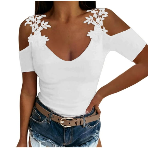 Chbgutlmr Going out Tops for Women Short Sleeve Cold Shoulder Lace Slim Comfy Solid Color Trendy Tops