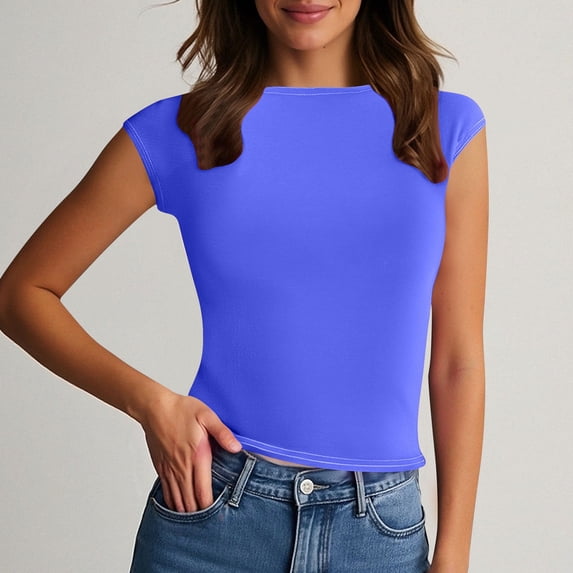 Chbgutlmr Going out Tops for Women Short Sleeve Crew Neck Backless Crop Tee Tops Casual Summer Slim Fitted Cute T-Shirts