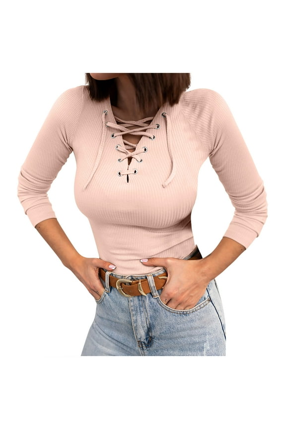 Going out Tops for Women Tie Front Long Sleeve Ribbed Shirts Slim Comfy Tight Stretchy Tops