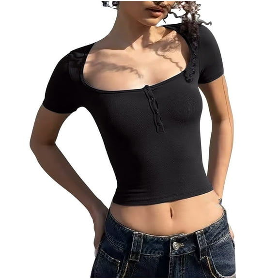 Chbgutlmr Going out Tops for Women U Neck Button Short Sleeve Crop Tops Stretchy Tight Tees Shirts Summer