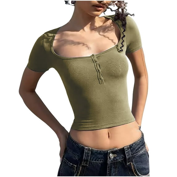 Chbgutlmr Going out Tops for Women U Neck Button Short Sleeve Crop Tops Stretchy Tight Tees Shirts Summer