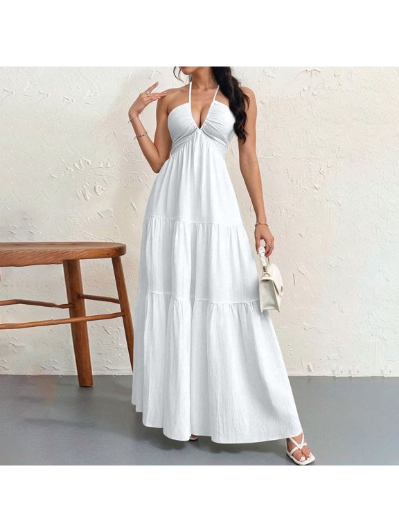 Halter Maxi Dresses for Women Sleeveless Deep V Neck Ruffled Hem Tie Back A-Line Sundress Casual Summer Flowy Dress