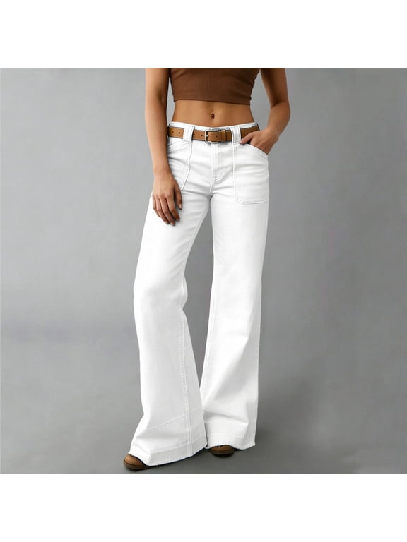 High Waisted Jeans for Women Bell Bottom Flare Pants Casual Loose Summer Trendy Trousers with Pockets