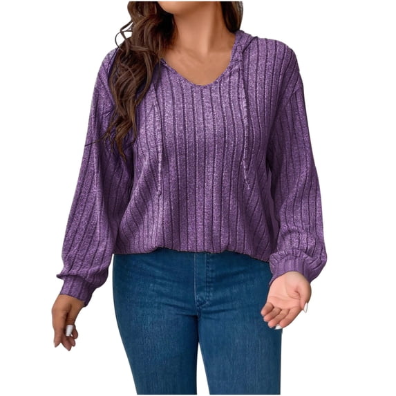 Chbgutlmr Hoodies for Women Plus Size Tops Fall Drawstring Knitted Ribbed Loose Comfy Casual Pullover