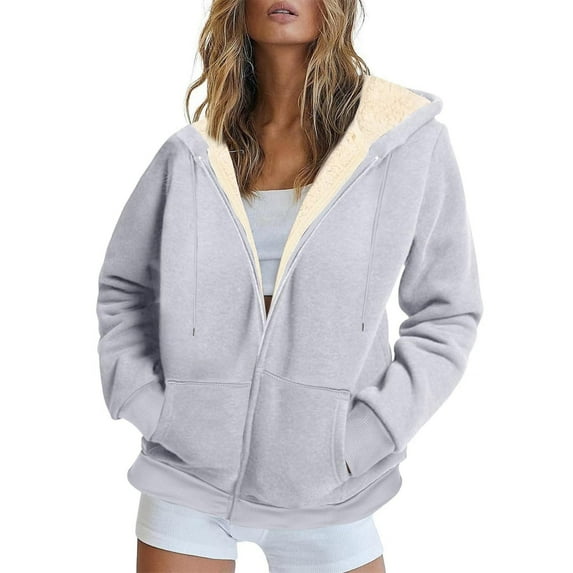 Chbgutlmr Jackets for Women Winter Long Sleeve Warm Comfy Fleece Lined Outwear Drawstring Casual Thermal Thick Hooded Sweatshirt