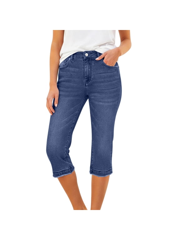 Jean Capris for Women Flat Front Frayed Bottom High Waist Denim Capri Pants Casual Summer Stretch Dressy 3/4 Length Pants