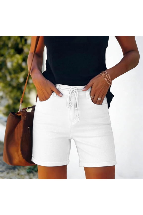 Jean Shorts Womens Drawstring Flat Front Mid Rise Adjustable Waist Denim Shorts Casual Summer Trendy Shorts