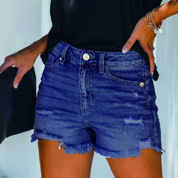 Chbgutlmr Jean Shorts for Women Ripped Fringed Frayed Button Waist Shorts with Pockets Casual Summer Denim Shorts